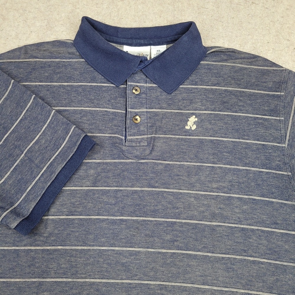 Vintage Walt Disney Polo Shirt Mens XL Blue Striped Short Sleeve Mickey Logo USA
